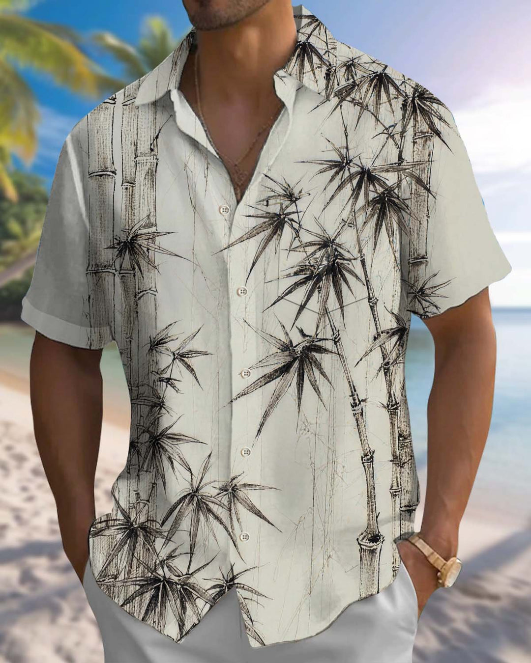 Alohadaddy® Men’s Short-Sleeve Button-Down Shirt with Bamboo Print  Featuring a Chest Pocket