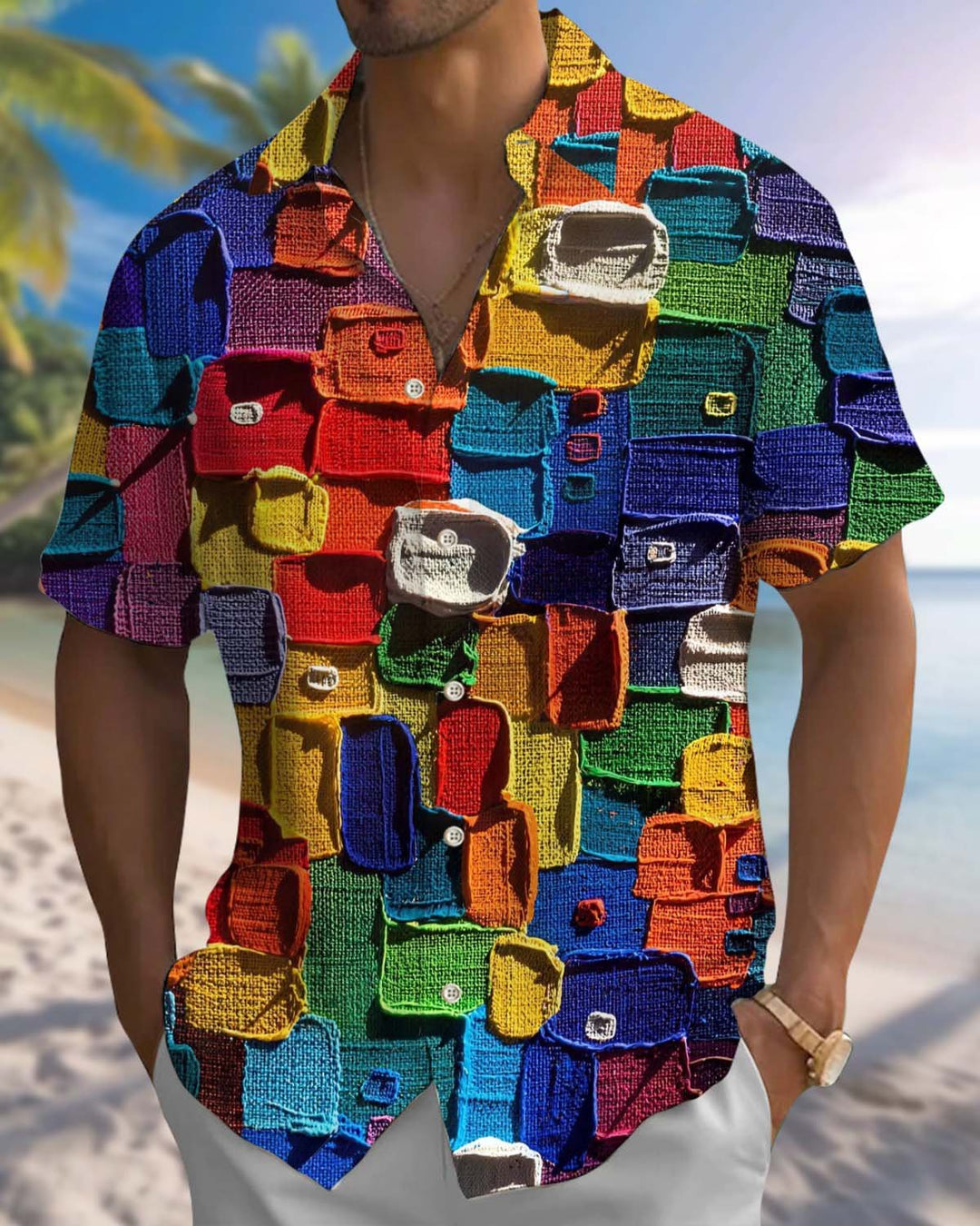 Alohadaddy® Men’s Short-Sleeve Button-Down Cardigan Shirt with Vintage Geometric Art Print and Pocket