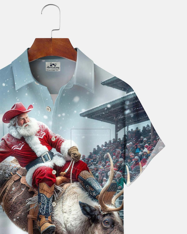 Alohadaddy® Holiday/Christmas Print Button-Down Short-Sleeve Men’s Cardigan Shirt with Pocket