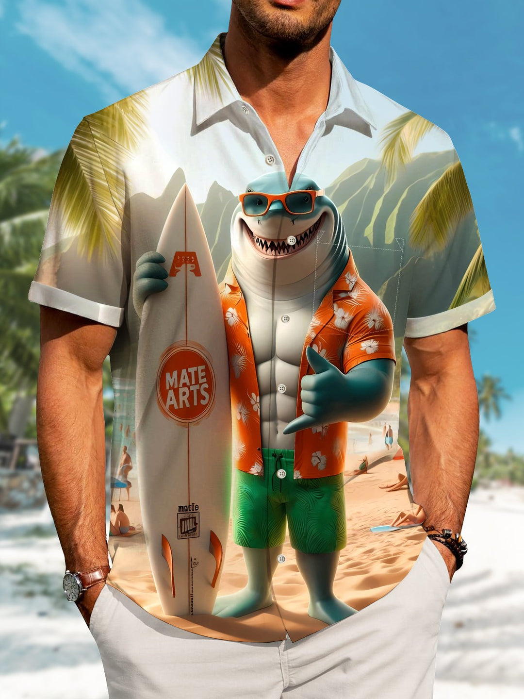 Alohadaddy Hawaii Vacation Shark Print Art Pocket Button Short Sleeve Stretch Plus Size Men&