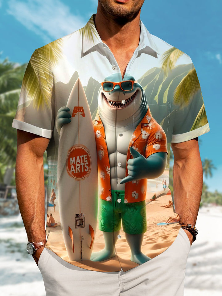 Alohadaddy Hawaii Vacation Shark Print Art Pocket Button Short Sleeve Stretch Plus Size Men&