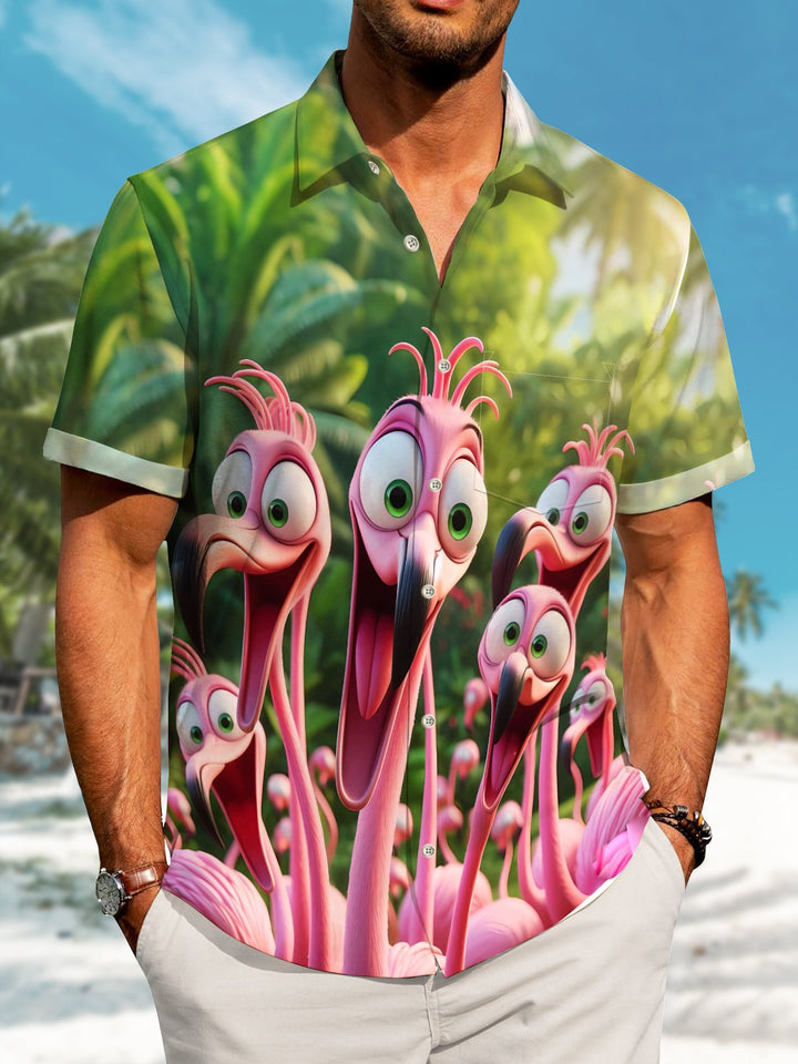 Alohadaddy Hawaii Resort Style Graffiti Flamingo Print Art Buttons Stretch Large Size Men&