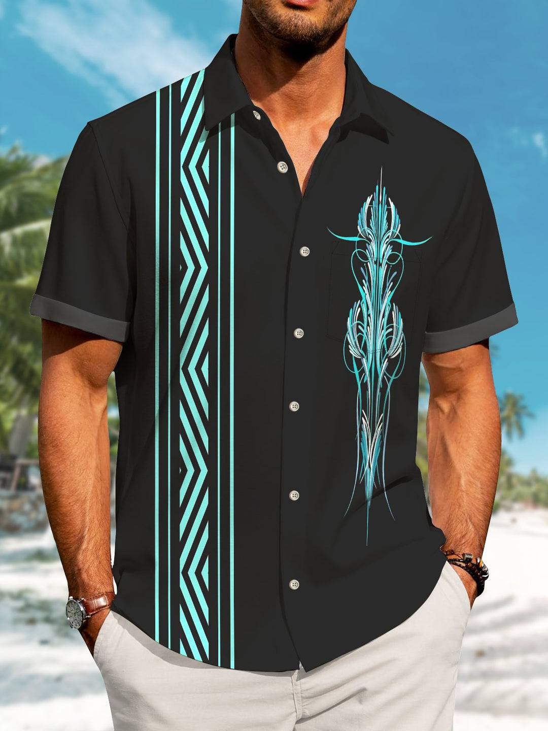 Alohadaddy Hawaiian Casual Pinstripe Contrast Color Pockets Buttons Stretch Large Size Men&