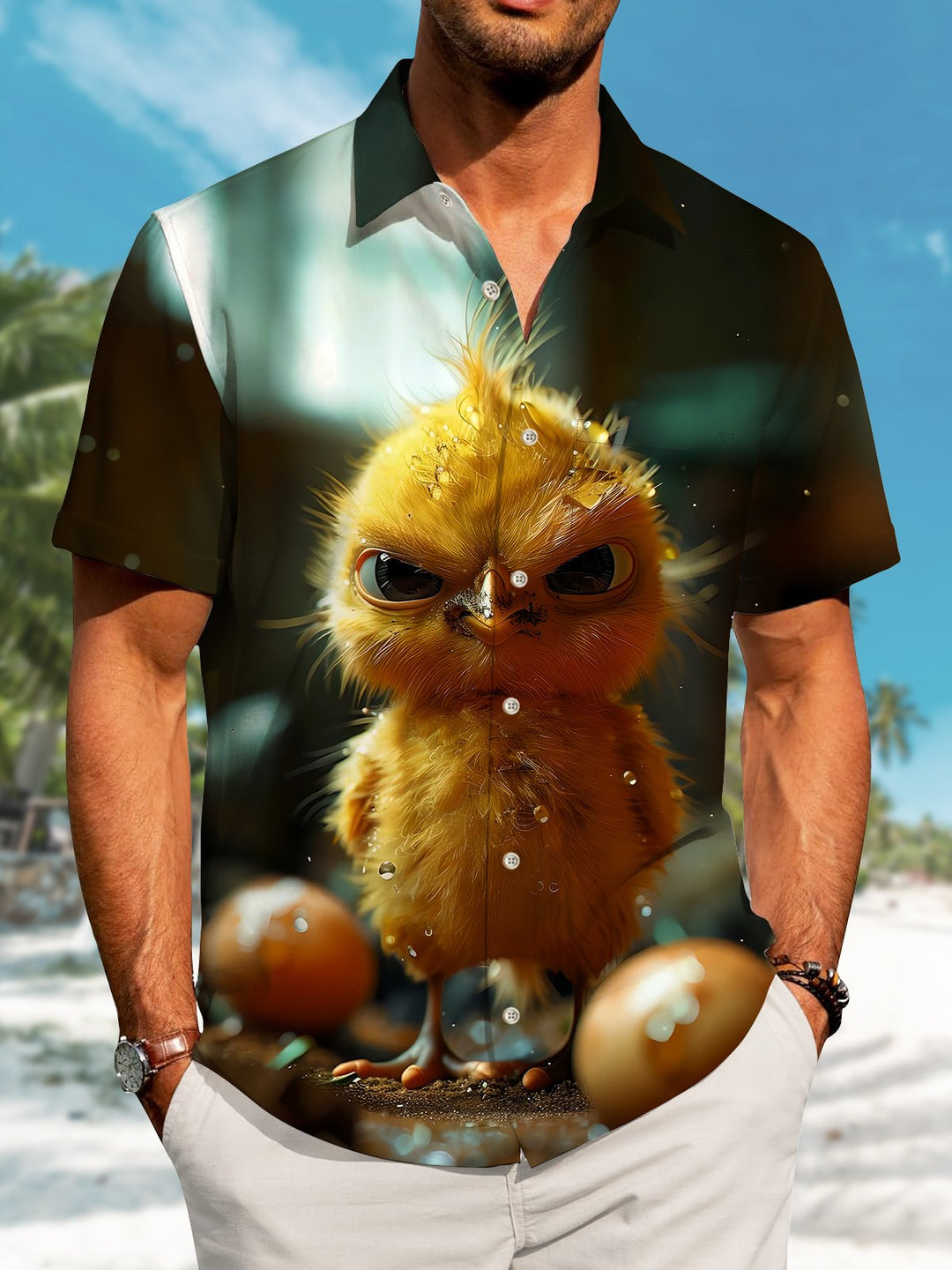 Alohadaddy Hawaiian Yellow Chicken Print Art Pocket Button Cardigan Stretch Large Size Short Sleeve Shirt