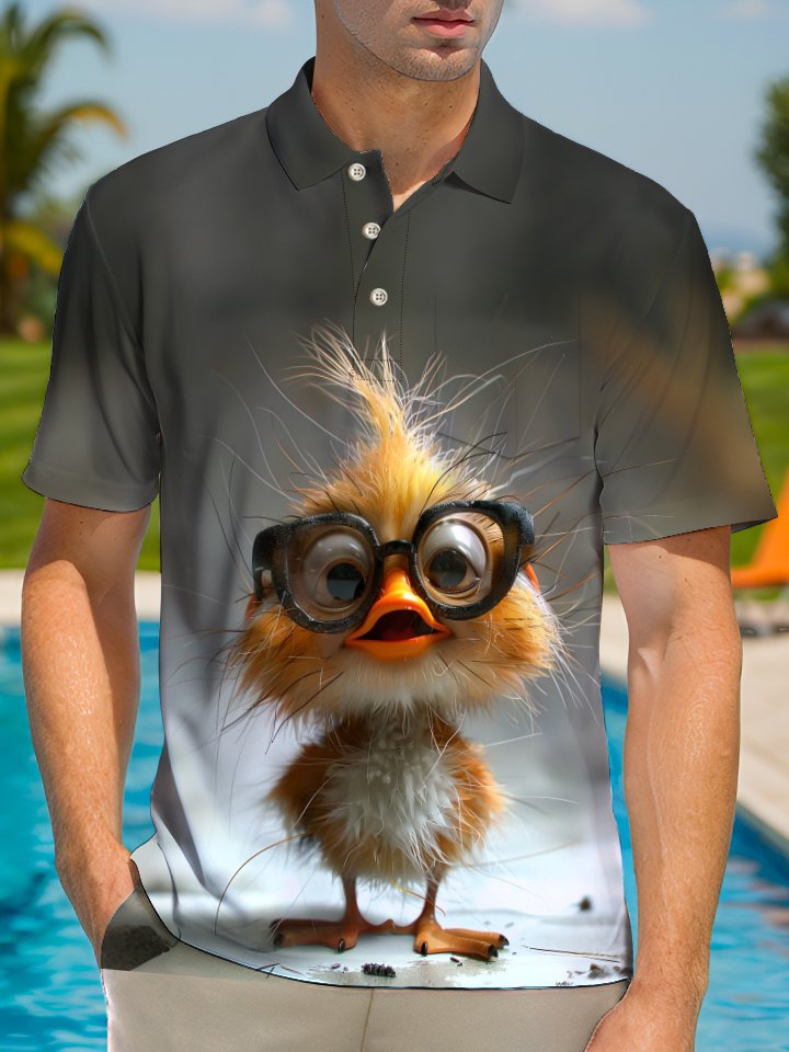 Alohadaddy Casual Yellow Chicken Print Art Button Cardigan Pocket Stretch Large Size Short Sleeve Polo Shirt