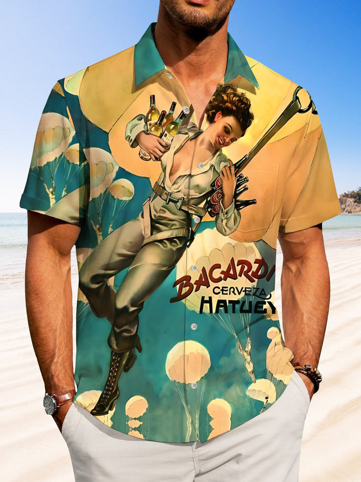 Alohadaddy Casual Collection Retro Character Poster Print Art Button Cardigan Pocket Stretch Large Size Long Short Sleeve Shirt