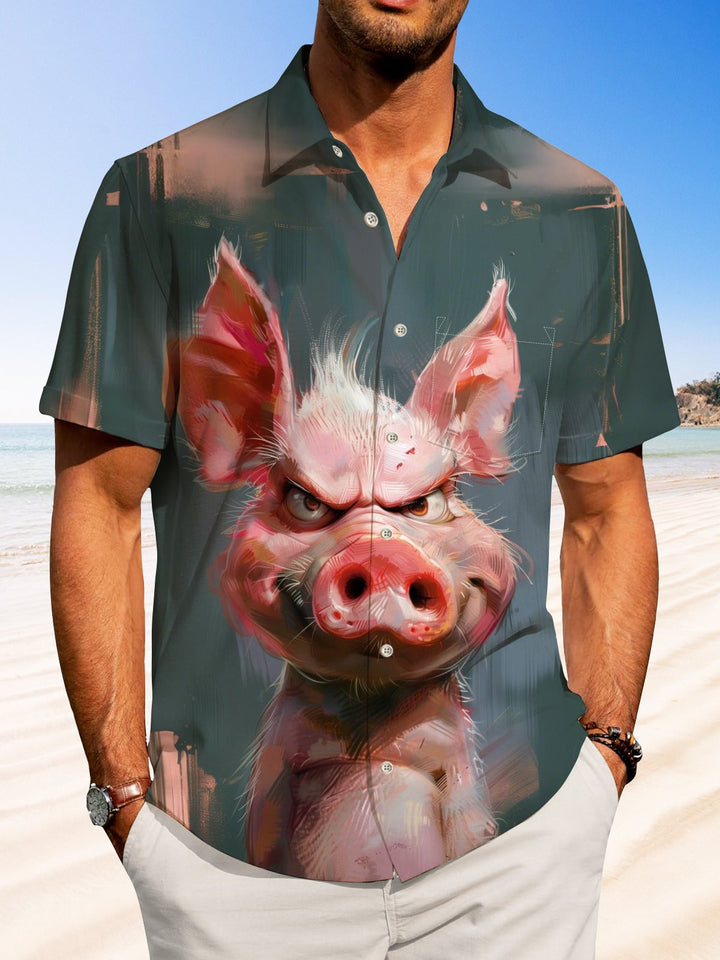 Alohadaddy Hawaiian Casual Oil Painting Angry Pig Painting Art Button Cardigan Pocket Large Size Long Polyester Short Sleeve Shirt
