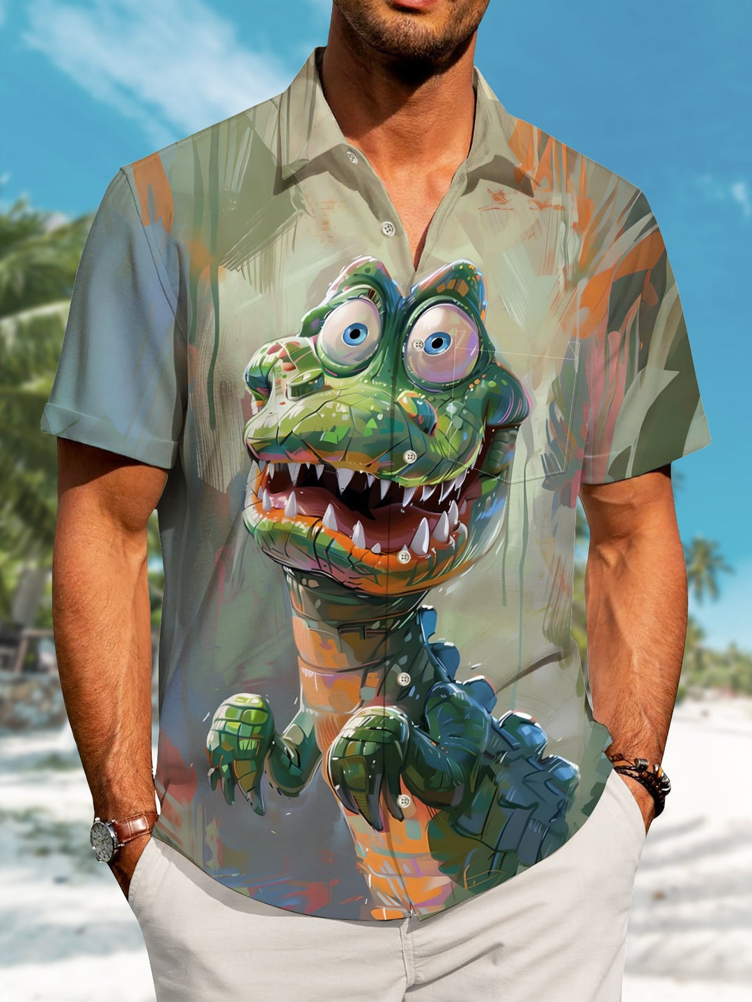 Alohadaddy Casual Crocodile Ink Painting Art Button Cardigan Pocket Elastic Large Size Long Short Sleeve Shirt