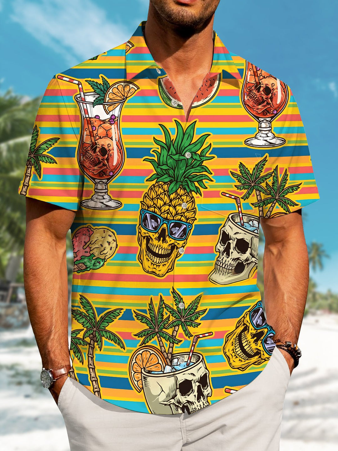 Alohadaddy Hawaiian Casual Pineapple Skull Stripes Print Art Buttons Cardigan Pockets Stretch Polyester Long Oversized Short Sleeve Shirt