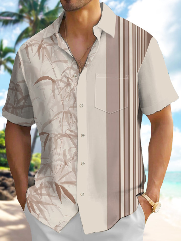 Alohadaddy Casual Series Stripes Bamboo Print Art Pocket Cardigan Buttons Polyester Stretch Short Sleeve Shirt