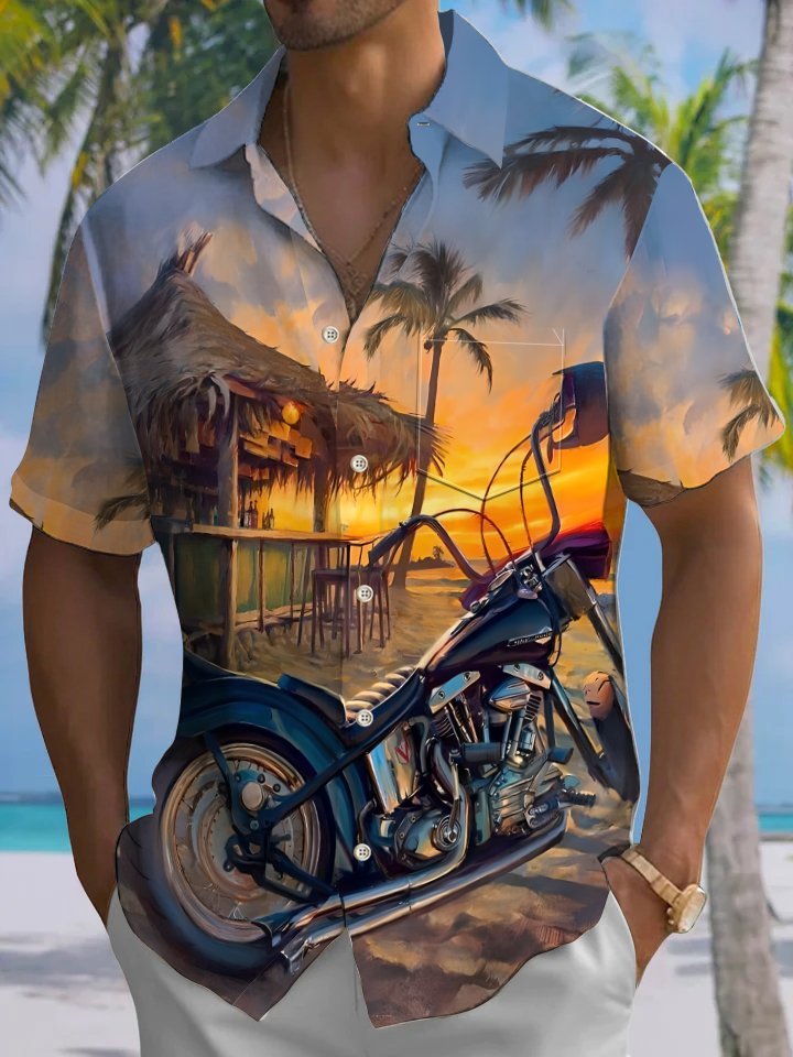 Alohadaddy Hawaiian Leisure Vacation Motorcycle Print Art Button Pocket Cardigan Stretch Large Size Short Sleeve Shirt
