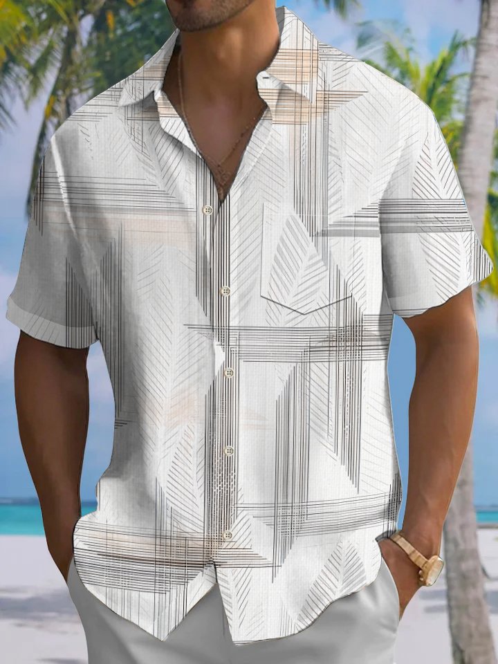 Alohadaddy Casual Collection Hawaiian Vacation Stripes Leaves Print Art Buttons Cardigan Pockets Fresh Stretch Polyester Short Sleeve Shirt