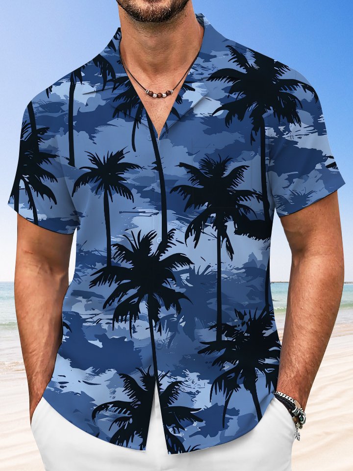 Alohadaddy Hawaiian Vacation Palm Trees Print Art Button Cardigan Pockets Polyester Stretch Large Size Long Short Sleeve Shirt