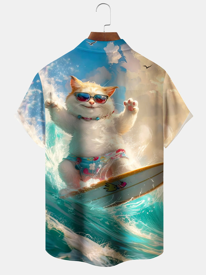 Alohadaddy Casual Surf Cat Art Print Moisture Wicking Chest Pocket Hawaiian Short Sleeve Shirt