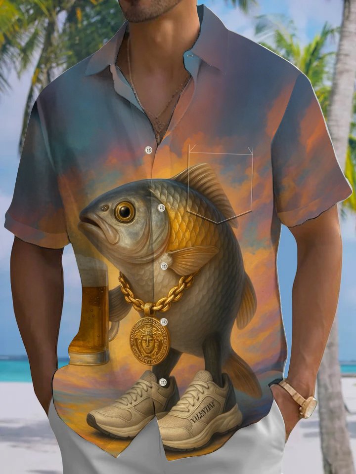 Alohadaddy® Casual Vintage Fish Beer Art Print Chest Pocket Moisture Wicking Large Size Hawaiian Shirt