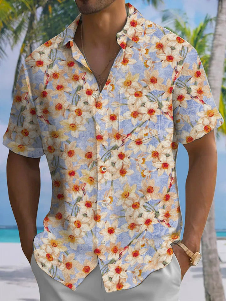 Alohadaddy® Hawaiian Flowers Art Print Chest Pocket Mens Short Sleeve Shirt Big &amp; Tall