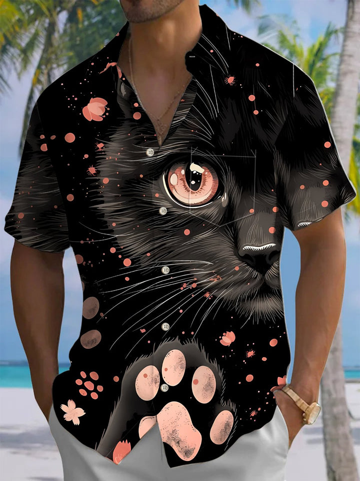 Alohadaddy® Casual Cat Print Art Chest Pocket Men&