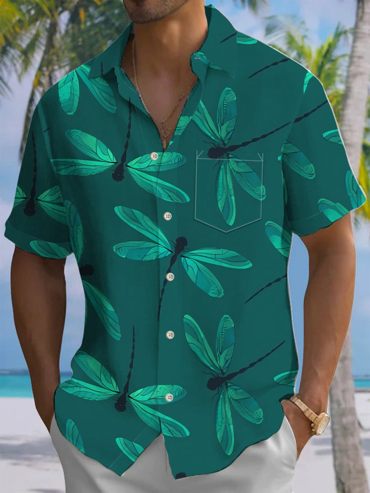 Alohadaddy® Vintage Dragonfly Art Print Chest Pocket Mens Short Sleeve Shirt Big &amp; Tall