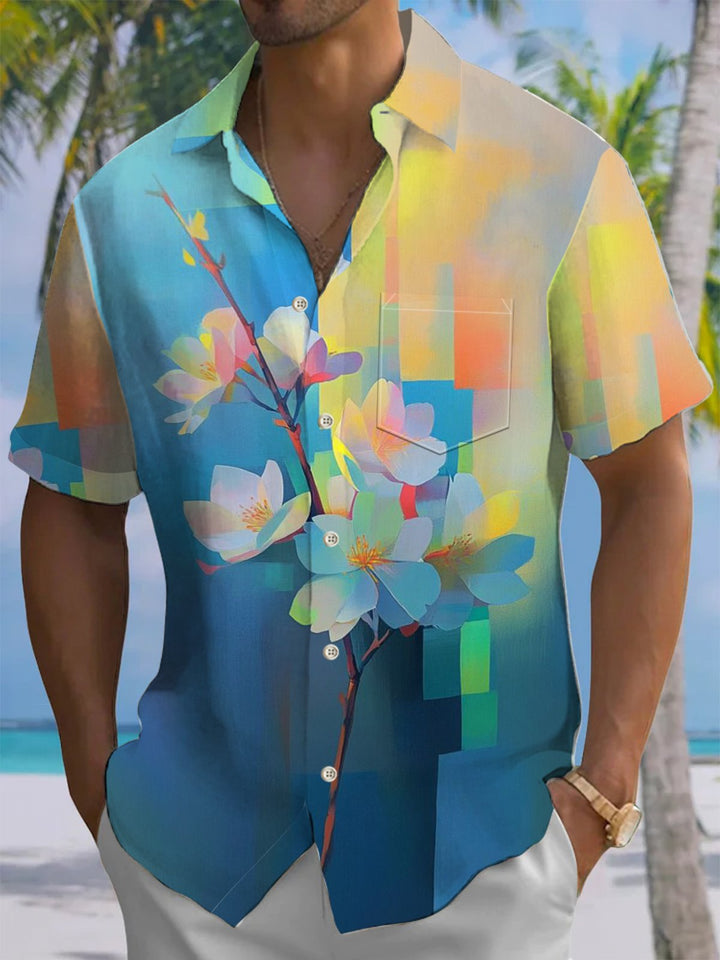 Alohadaddy® Vintage Flowers Art Print Chest Pocket Moisture Wicking Men&