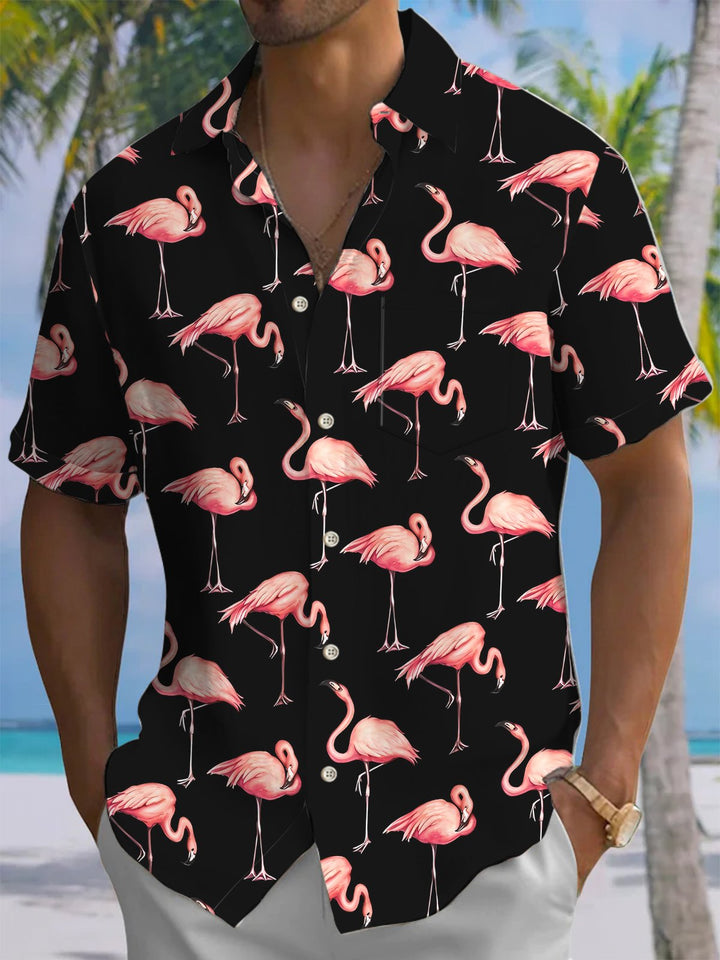 Alohadaddy® Hawaiian Flamingo Art Print Chest Pocket Mens Short Sleeve Shirt Big &amp; Tall