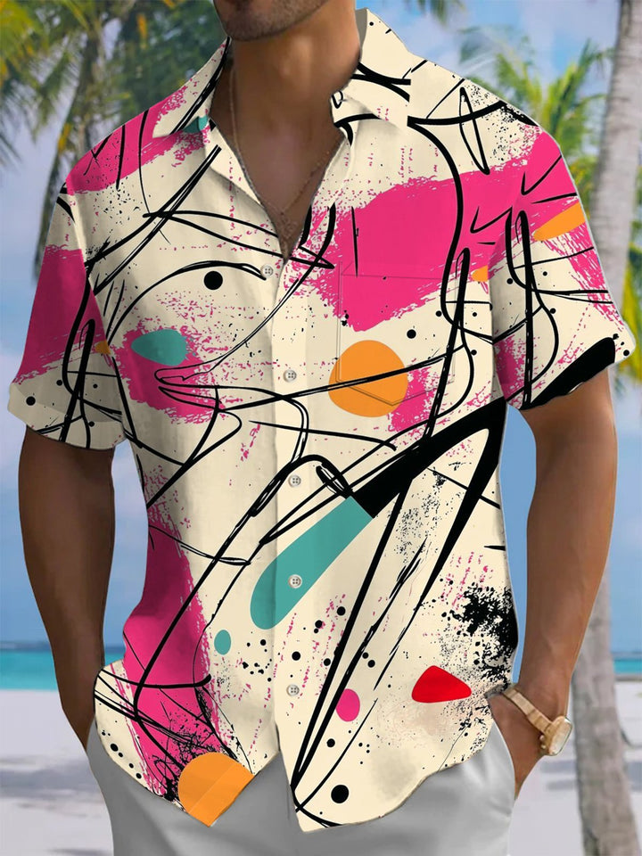 Alohadaddy® Vintage Abstract Graffiti Art Print Chest Pocket Men Short Sleeve Shirt Big &amp; Tall