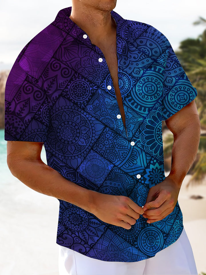 Alohadaddy® Casual Gradient Ethnic Pattern Print Art Chest Pocket Men&