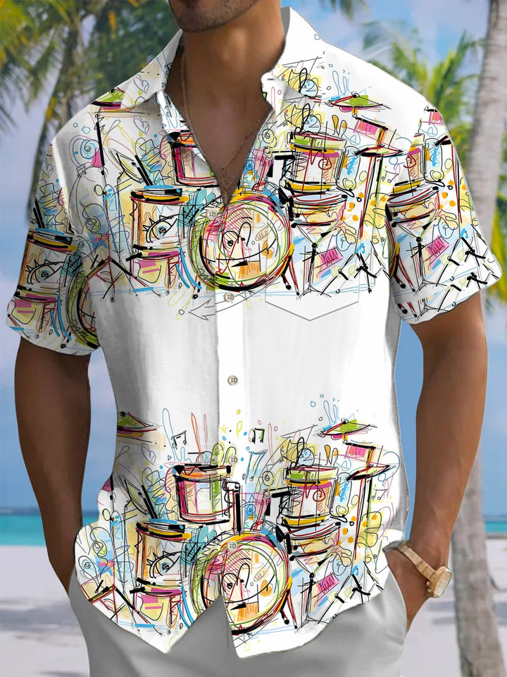Alohadaddy® Casual Drum Set Painting Print Art Chest Pocket Men&