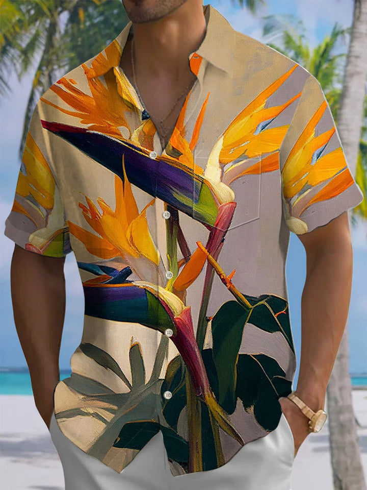 Alohadaddy® Hawaiian Crane Orchid Oil Painting Art Print Chest Pocket Men&