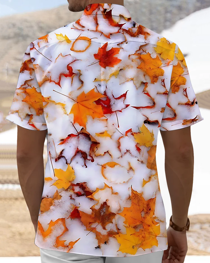 Alohadaddy® Casual Snowfall Maple Leaf Print Stretch Button Men&