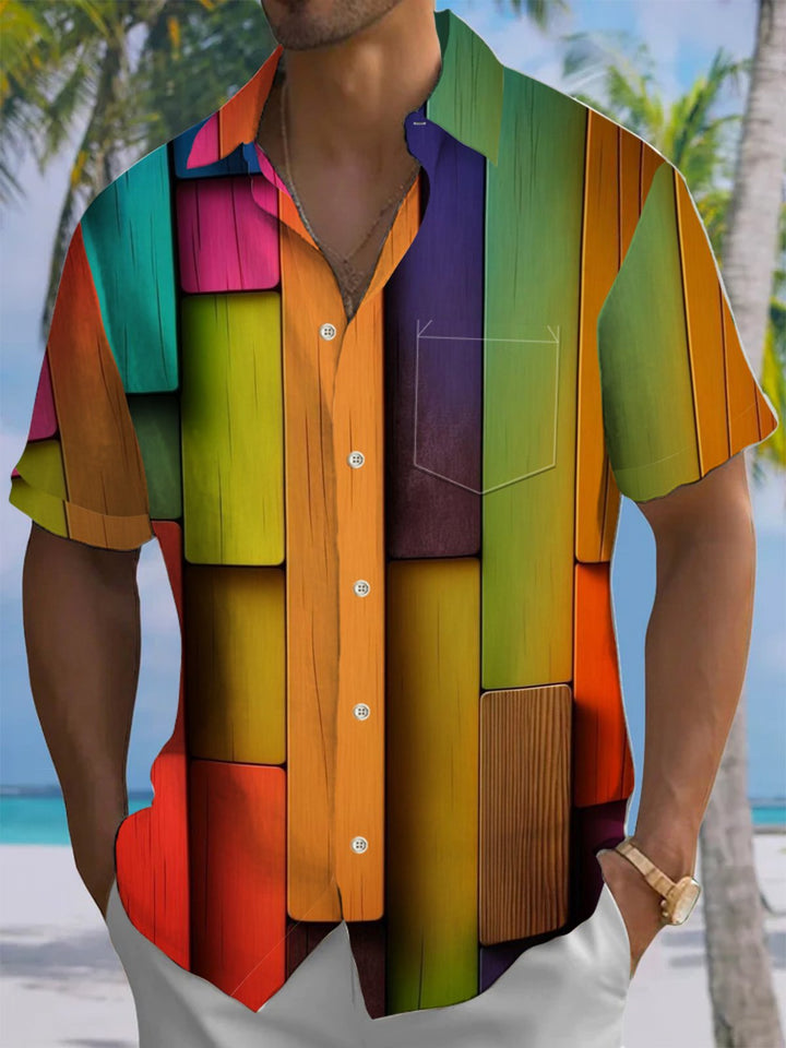 Alohadaddy® Retro Geometric Woodgrain Print Art Chest Pocket Men&