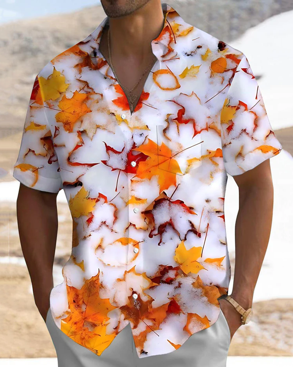 Alohadaddy® Casual Snowfall Maple Leaf Print Stretch Button Men's Short-Sleeve Shirt Big & Tall