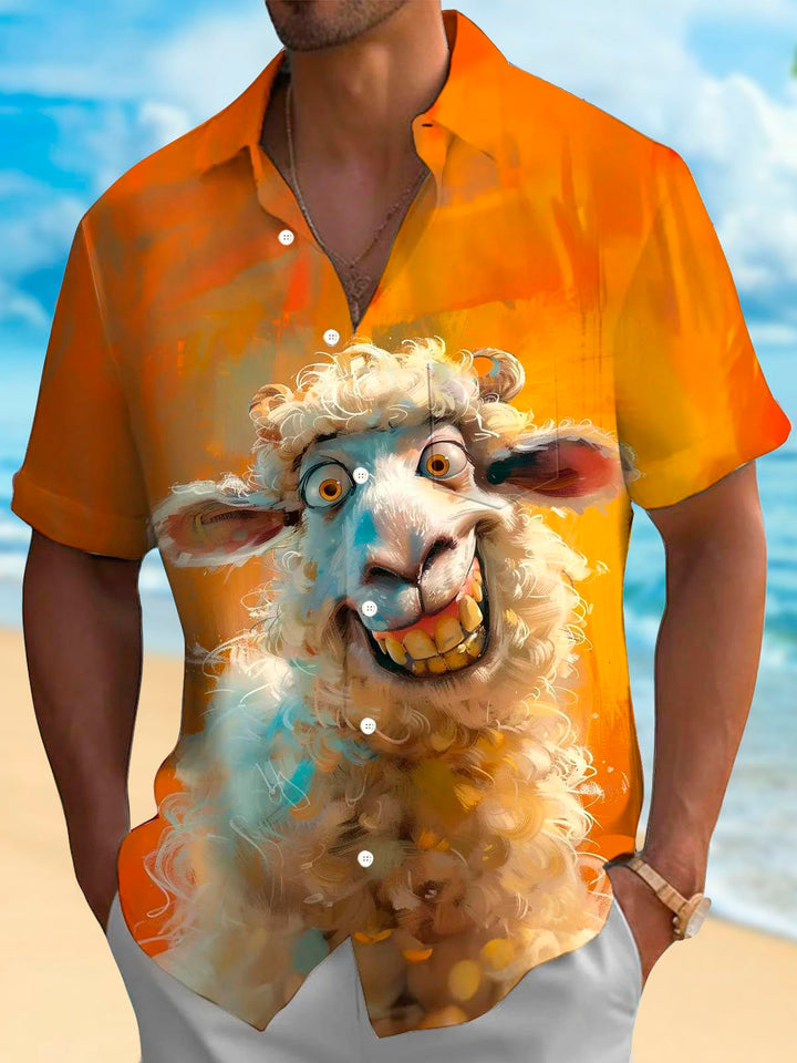 Camisa de manga corta y alta con bolsillo abotonado para hombre con estampado divertido de alpaca hawaiana Alohadaddy