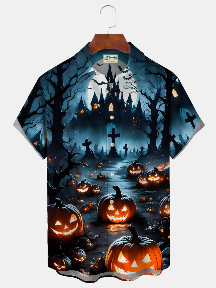 Camisa de manga corta con bolsillo abotonado y estampado digital 3D con degradado de murciélago y calabaza de Halloween de Alohadaddy para hombre, talla grande y alta