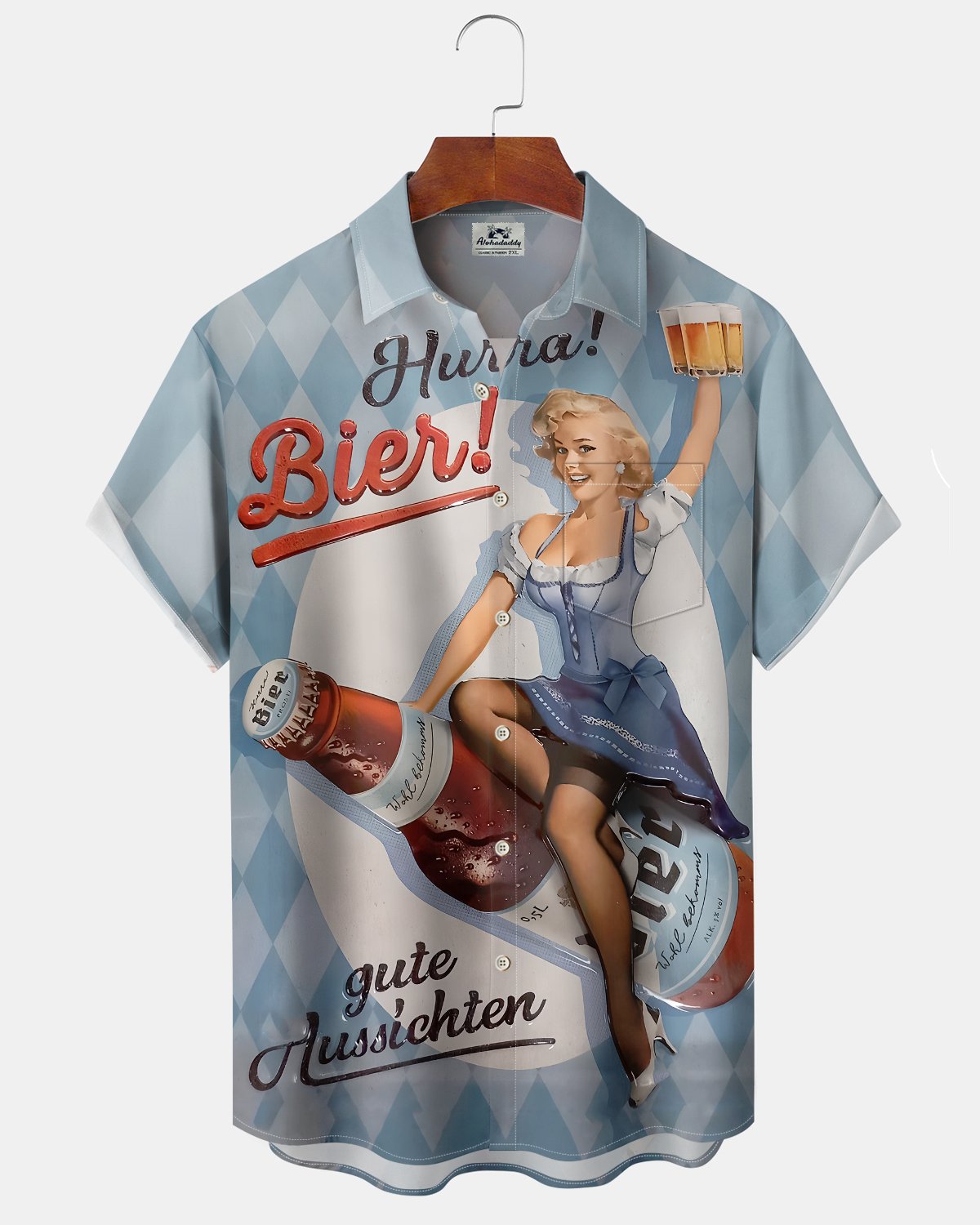 Alohadaddy® Casual Beer Print Art Button Cardigan Pocket Men's Short Sleeve Shirt Big & Tall