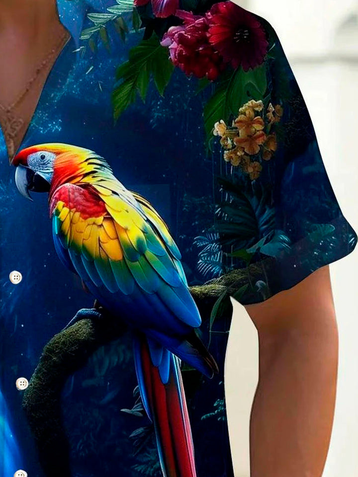 Camisa de manga corta con bolsillo abotonado para hombre con estampado de loro hawaiano Alohadaddy