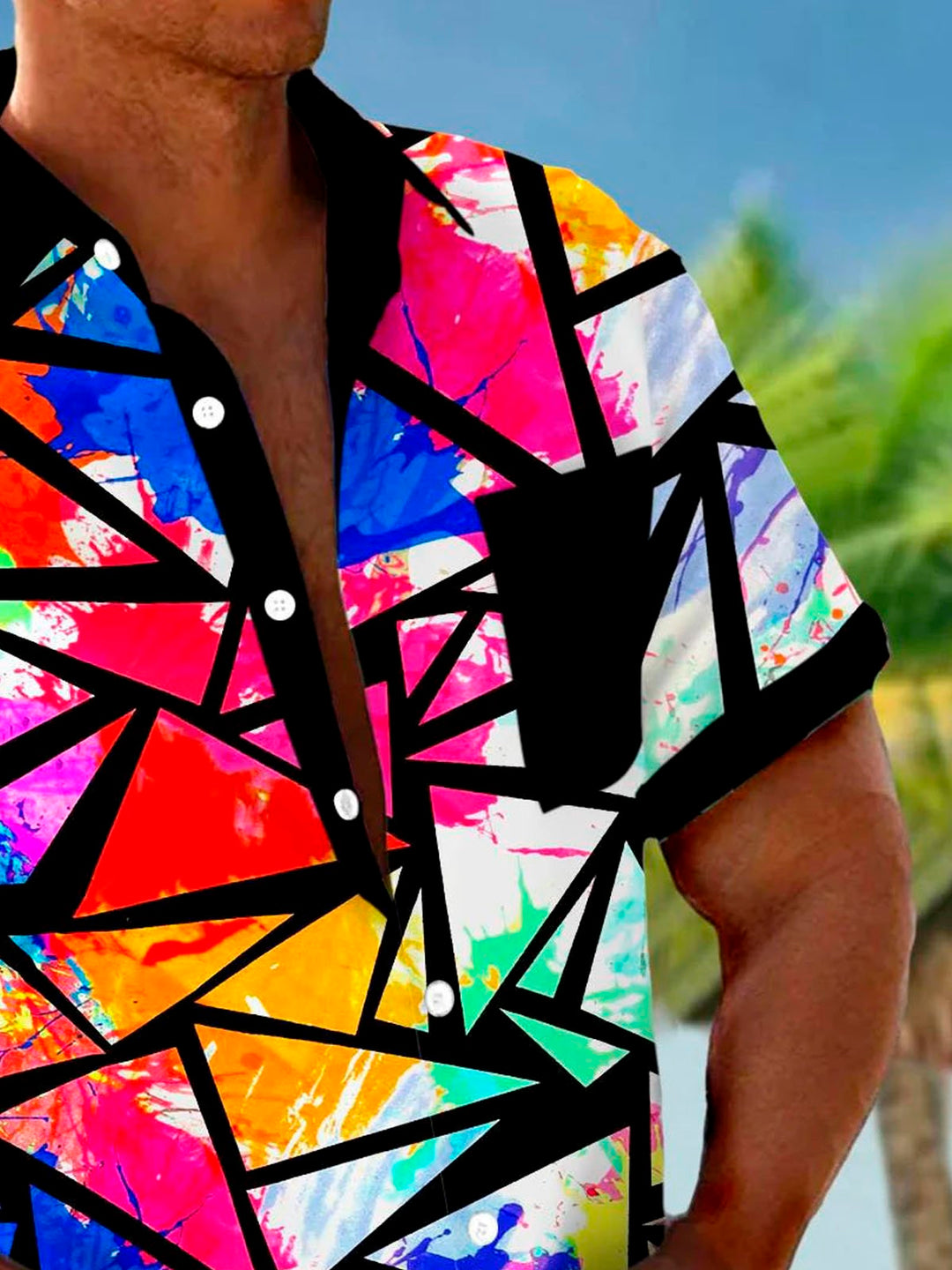 Camisa de manga corta con bolsillo y botones para hombre con estampado 3D de bloques de colores geométricos retro de Alohadaddy