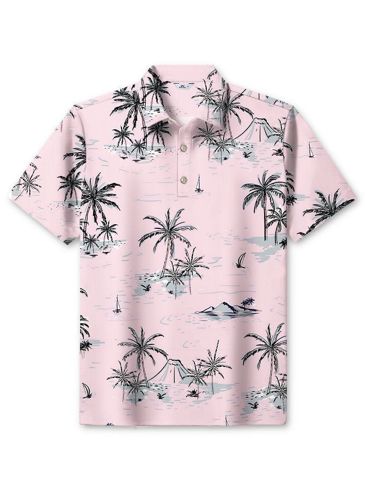Alohadaddy Hawaiian Palm Trees Print Art Button Elastic Large Size Short Sleeve Polo Shirt