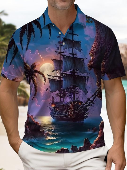 Alohadaddy Casual Daily Hawaii Ocean Pirate Ship Print Art Elastic Large Size Button Short Sleeve POLO Shirt