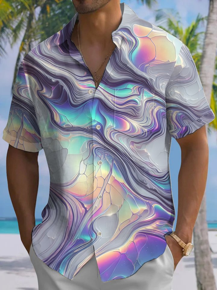 Alohadaddy Casual Abstract Texture Art Print Moisture Wicking Chest Pocket Oversized Stretch Hawaiian Short Sleeve Shirt