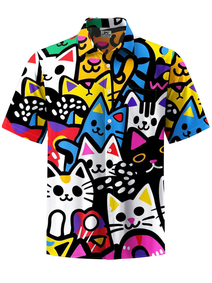 Alohadaddy® Casual Graffiti Cat Print Art Chest Pocket Moisture Wicking Men&