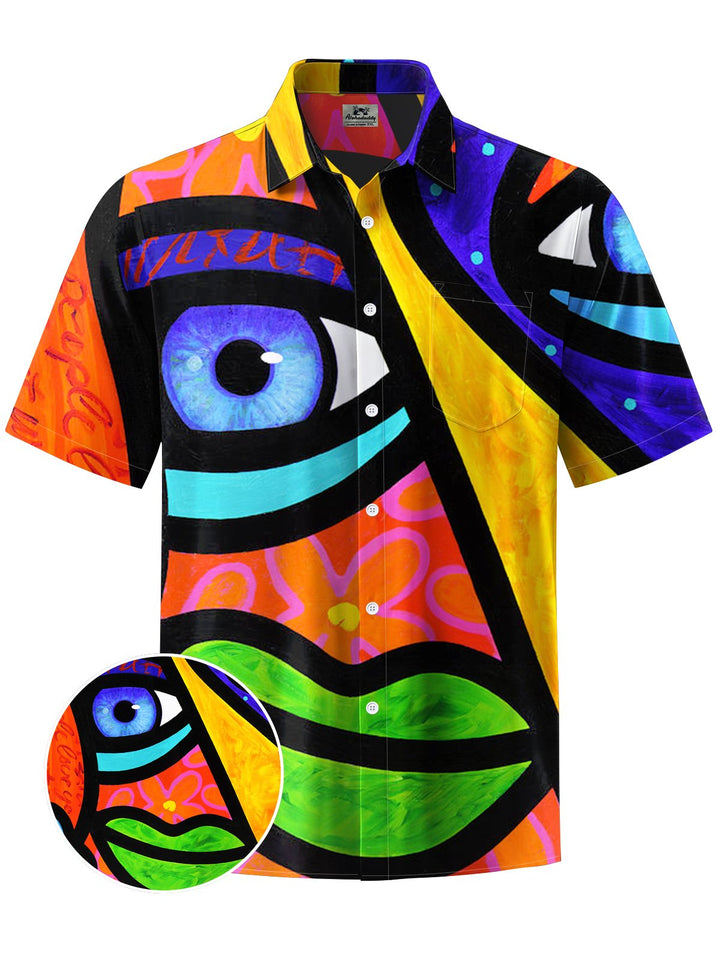 Alohadaddy® Casual Graffiti Abstract Print Art Chest Pocket Men Short Sleeve Shirt Big &amp; Tall