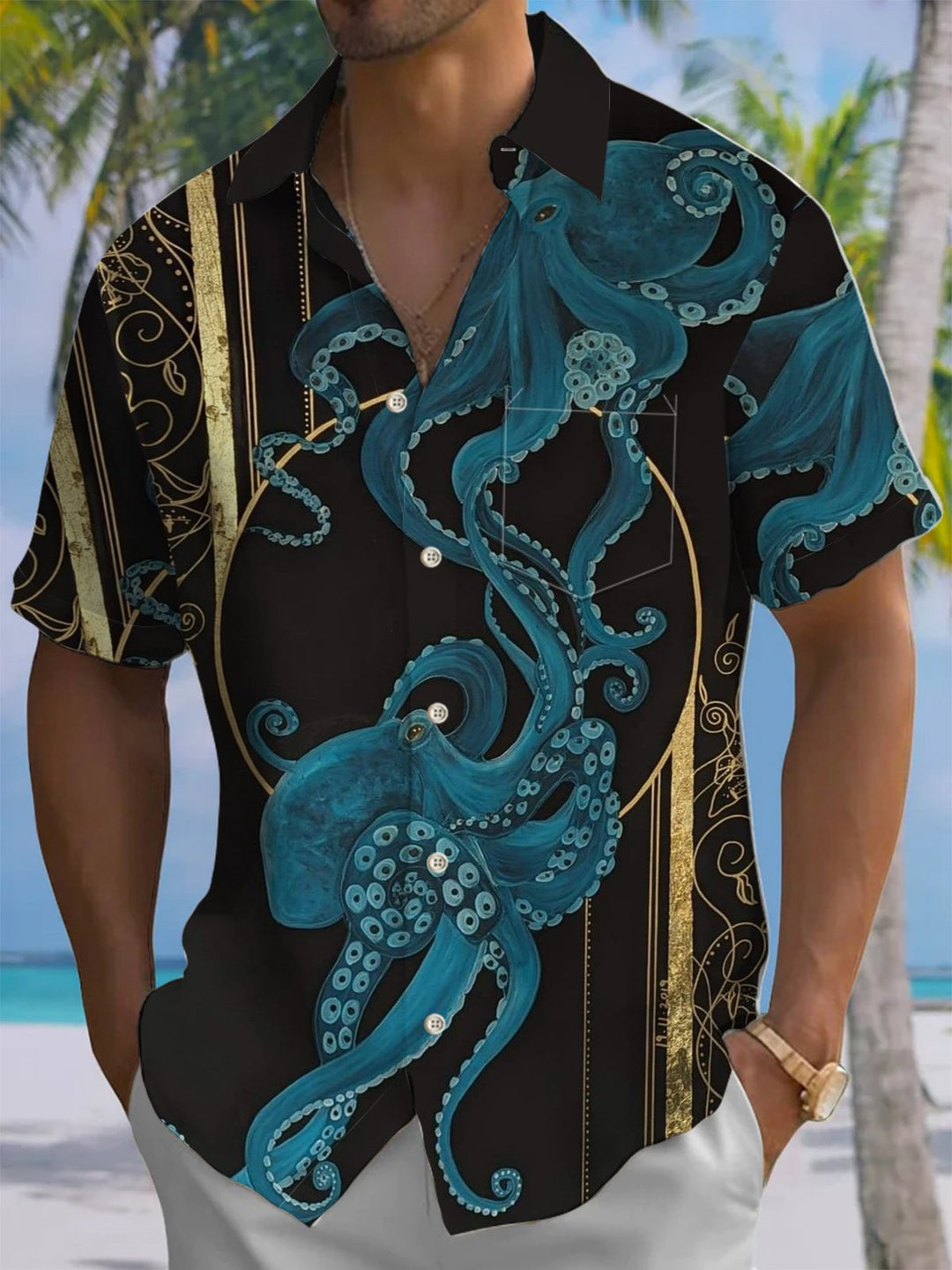 Alohadaddy® Casual Octopus Stripe Art Print Chest Pocket Mens Short Sleeve Shirt Big &amp; Tall