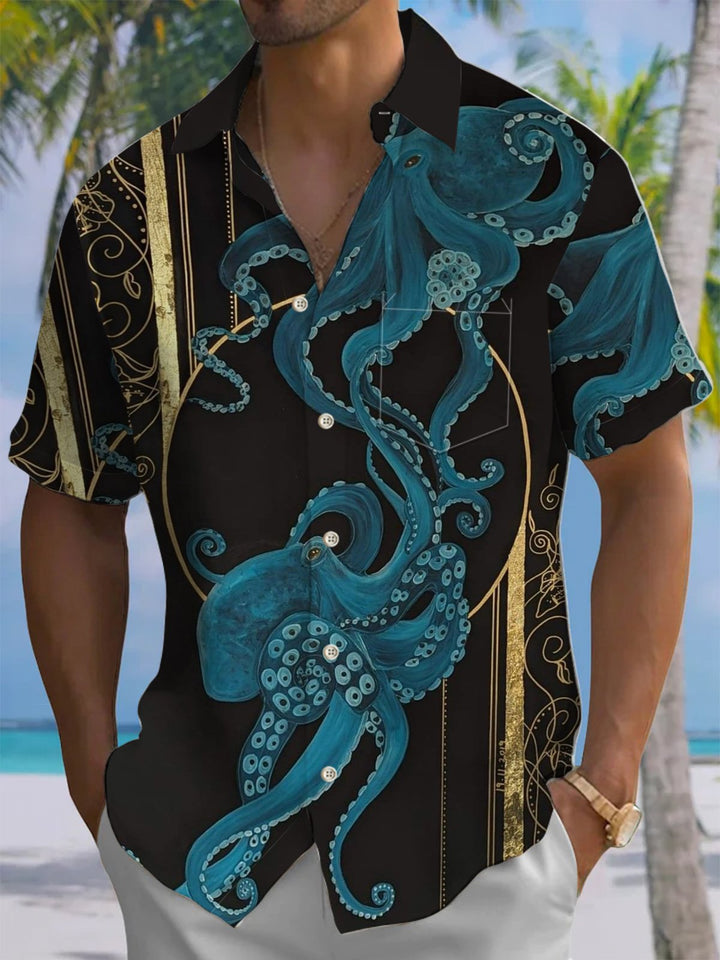 Alohadaddy® Casual Octopus Stripe Art Print Chest Pocket Mens Short Sleeve Shirt Big &amp; Tall