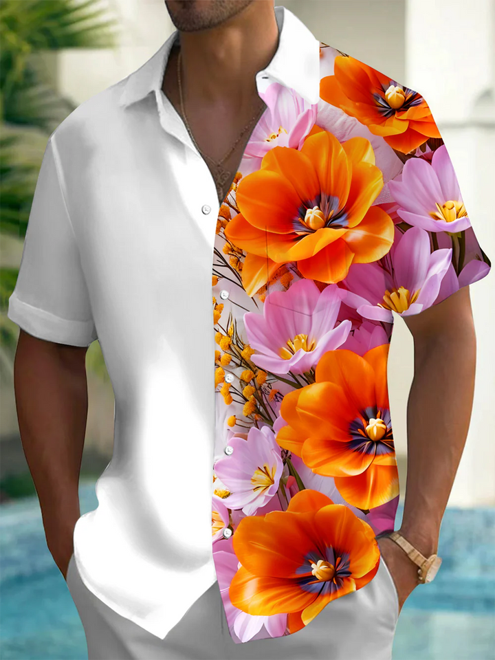 Alohadaddy® Hawaiian Flowers Non-Stretch Print Art Chest Pocket Men&