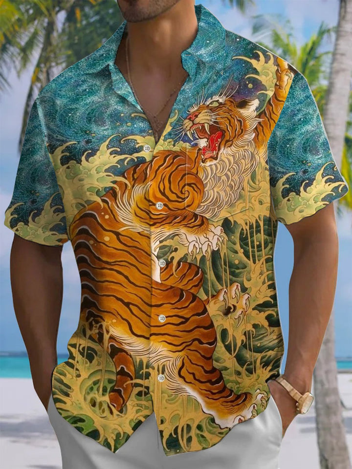 Alohadaddy® Vintage Tiger Art Print Chest Pocket Mens Short Sleeve Shirt Big &amp; Tall