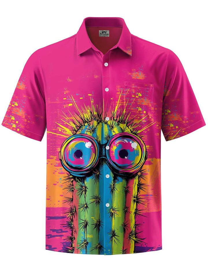 Alohadaddy® Vintage Cactus Expression Art Print Chest Pocket Mens Short Sleeve Shirt Big &amp; Tall