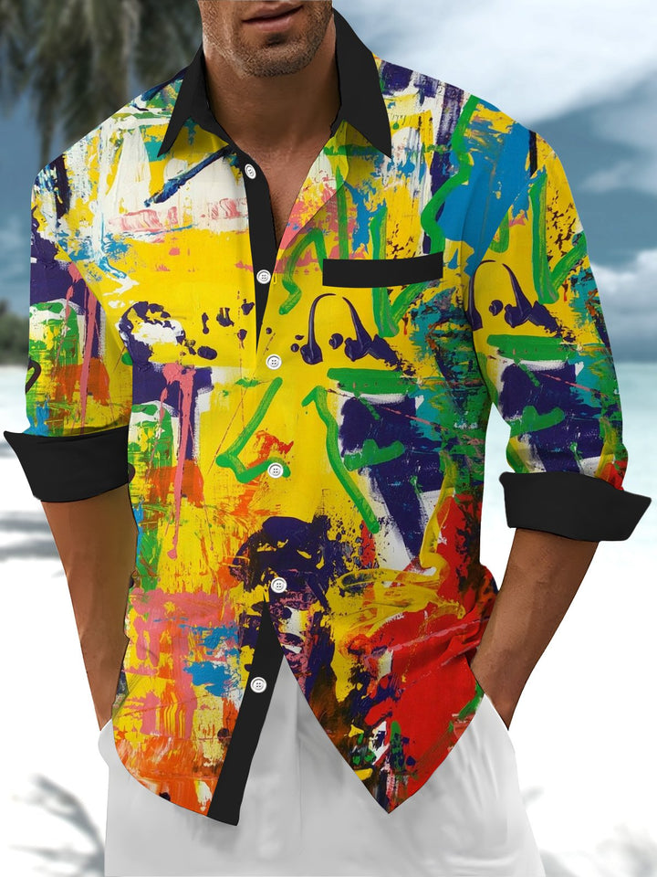 Alohadaddy® Casual Abstract Painting Contrast Color Print Art Chest Pocket Men&