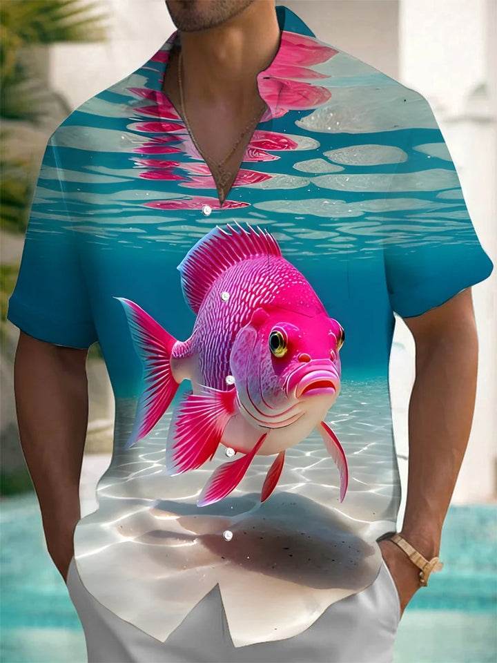 Alohadaddy® Hawaiian fish print chest pocket men&