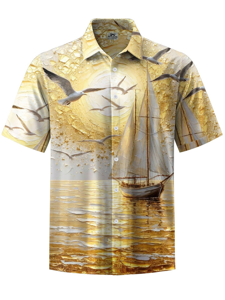 Alohadaddy® Retro Casual Oil Painting Sailboat Print Art Chest Pocket Men&