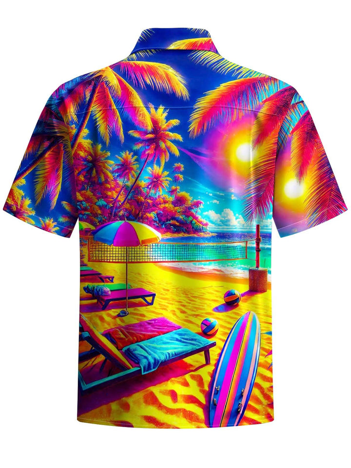 Alohadaddy® Hawaiian Coconut Tree Beach Vacation Print Artwork Chest Pocket Men&
